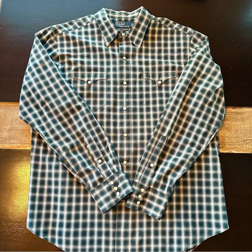 Polo Ralph Lauren's iconic Plaid Western Pearl snap shirt is lightweight twill.